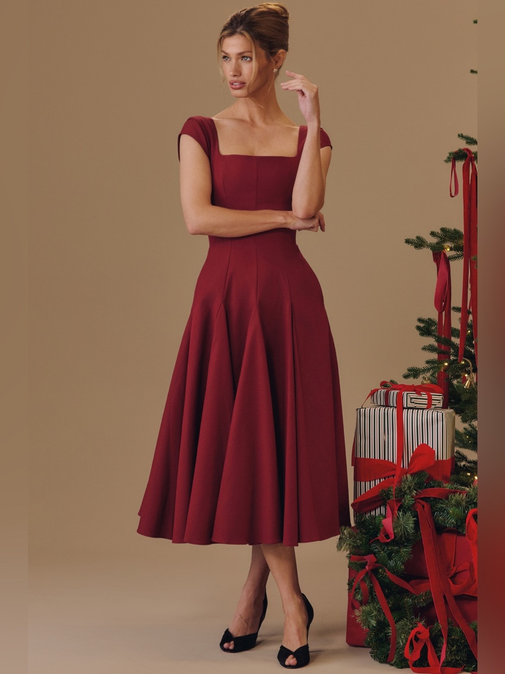 NEW House of Cb Raisa Wine Lace Back Twill Midi Dress Size M